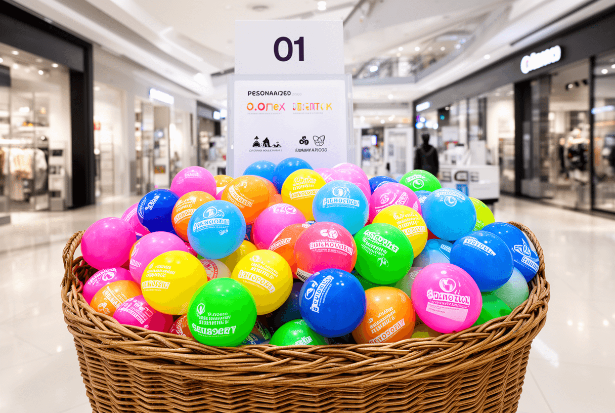 panier de mini ballons publicitaires sur stand promotionnel